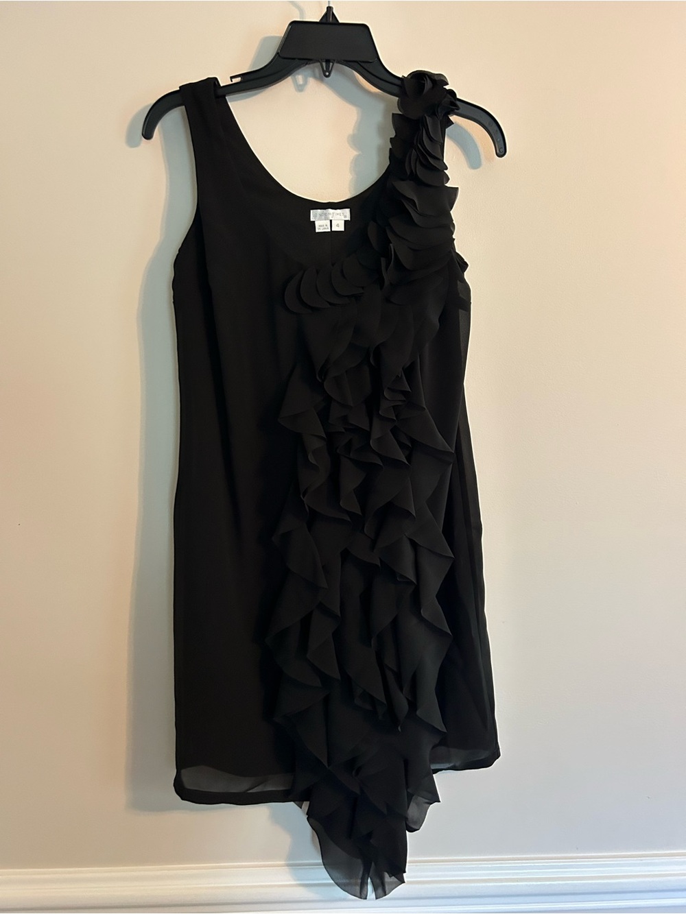 Sleeveless Black Ruffle Front Shift Dress